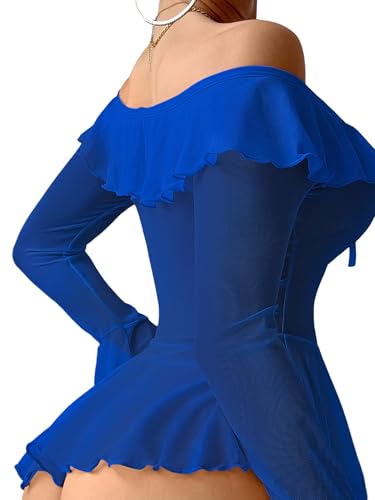 Image of Foxiny Sheer Ruffle Long Sleeve Babydoll Lingerie Dress | Off-shoulder neckline, flared cuffs and a flounce hem add movement; thong and thigh-high stockings complete the 3-piece set