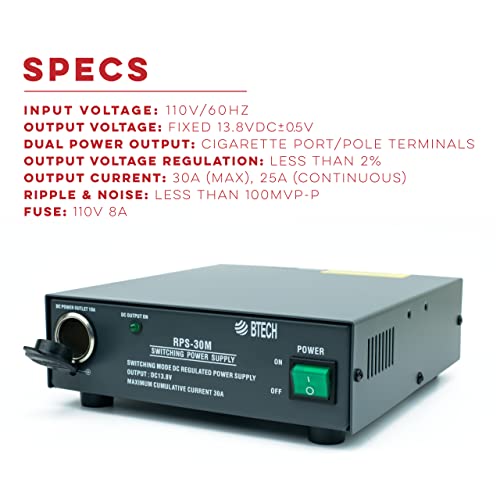 Btech Rps-30M 30 Amp Regulated Universal Compact Bench Power Supply, Ac-To-Dc Power Convertor, 13.8V With Screw Terminals And Cigarette Plug Output #TOP1