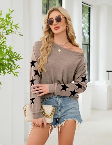 Image of Blooming Jelly Womens Off The Shoulder Sweater Knit Pullover Long Sleeve Star Print Lightweight Cute Tops Fall Chothes