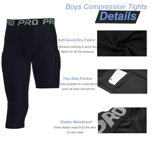 2 Pack 3/4 Boys Compression Pants One Leg Compression Tights Quick Dry Basketball Leggings Running Sports Athletic4