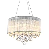  E14 Regentropfen Kristall Kronleuchter Silber Runde Decke Pendelleuchte 6-Lights Deckenleuchte Mit Gebürstet Aus Stoff Hängelampe Für Wohnzimmer Schlafzimmer Küche Esszimmer Gang Loft Ø24CM