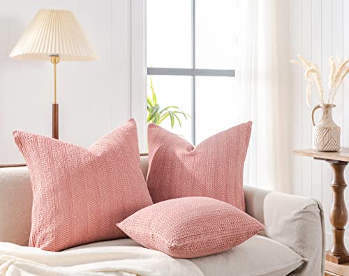 Cocoploceus 18X18 Throw Pillow Covers Set Of 2 Boho Decorative Pillow Shams Stone Washed Cotton Pillowcase Waffle Square For Couch Sofa Chair Bed Car,Coral Pink #TOP1
