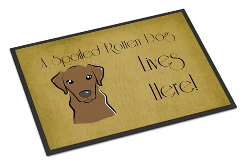 Caroline's Treasures BB1482MAT Chocolate Labrador Spoiled Dog Lives Here Doormat 18x27 Front Door Mat Indoor Outdoor Rugs for Entryway, Non Slip Washable Low Pile, 18H X 27W