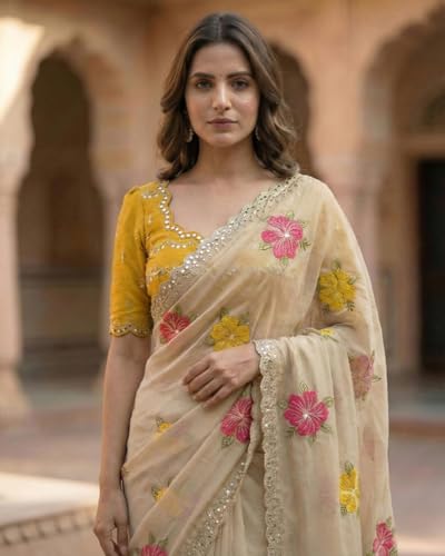 Image of DHARMEE Women's Embroidered Floral Saree with Blouse Piece, Beige with Pink and Yellow Flowers, Sequin Border, Lightweight and Stylish Ethnic Wear - Perfect for Traditional Partie Wear