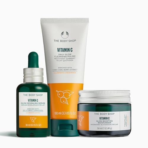 The Body Shop Glow-Up Edit Skincare Set – Vitamin C Cleansing Polish 100ml, Glow Revealing Serum 30ml & Glow Boosting Moisturiser 50ml