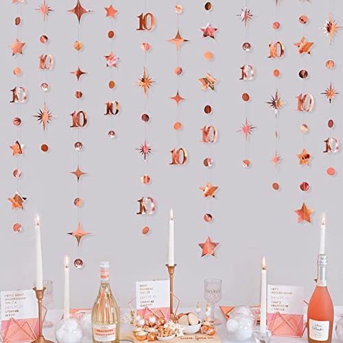 Rose Gold 10th Birthday Garlands Decorations Number 10 Circle Dot Twinkle Star Garland Metallic Hanging Streamer Bunting Banner Backdrop for Girls Ten Year Old Birthday 10th Anniversary Party Supplies