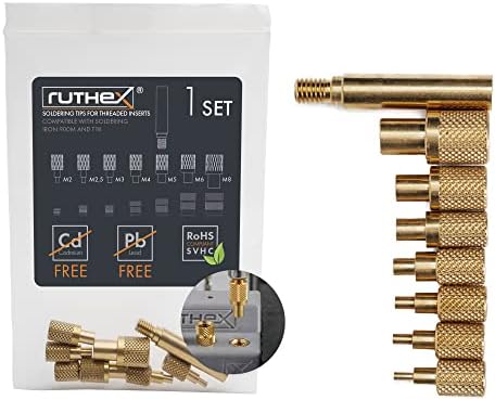 ruthex 7X Soldering Tips/Heat-Set Insert Tips - Threaded Inserts M2 / M2.5 / M3 / M4 / M5 / M6 / 1/4" / M8 - for Soldering Iron - Inserts for Plastic Parts and 3D Printer Parts