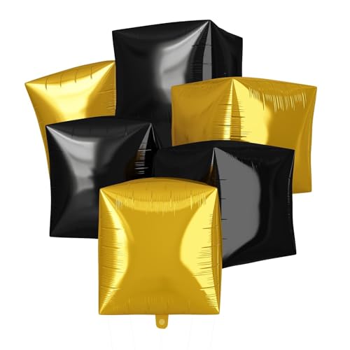 Gold Black Cube Balloons, 6Pcs Square Foil Balloons for Party Decoration