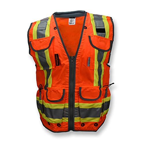 Radians SV55 Class 2 Heavy Woven Two Tone Engineer Vest with Padded Neck to Support Extra Weight in Cargo Pockets, Orange, Large