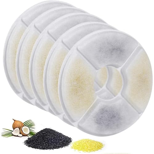 UIEXEA Lot de 5 Round Filtre Fontaine Eau Chat, Filtre à Charbon Actif et Résine Échangeuse d'Ions, Quadruple Filtration Remplacement Filtre Fontaine à Eau pour Chien