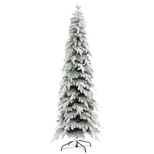 Image of HOMCOM 7ft Pencil Artificial Christmas Tree Snow Flocked Downswept Green