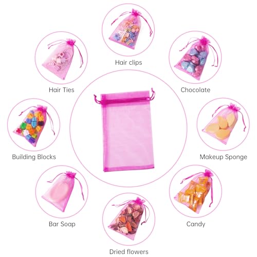 Image of 100PCS Organza Bags, 4x6 inches (10x15cm) Small Mesh Bags Drawstring, Hot Pink Jewelry Gift Pouches for Valentine's Day, Wedding, Party, Festival