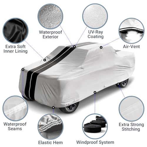Image of iCarCover Premium Custom Truck Cover for 1973-1983 Ford F-100 Regular Cab, Short Bed Heavy Duty Waterproof All Weather Rain UV Sun Protector Full Exterior Indoor Protection (Stripe - Light Gray /Black)