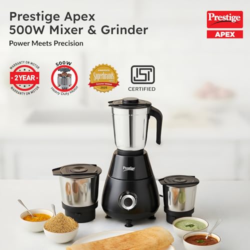 Prestige Apex 500 Watt Mixer Grinder with 3 Stainless Steel Jars | Super Efficient SS Blades | Black | 2Y Warranty | ISI Certified view 2
