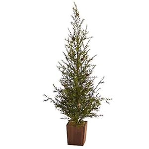 Nearly Natural 4ft Alpine Natural Look Artificial Christmas Tree in Wood Planter with Pine Cones