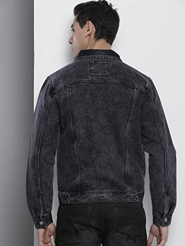 Image of The Indian Garage Co Men Black Slim Fit Solid Denim Trucker Jacket