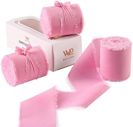 Waylipun Handmade Fringe Chiffon Ribbons, 3 Rolls 2" x 7Yd Total 21Yd Frayed Edge Fringe Smooth Ribbon for Wedding Invitations, Bridal Bouquets, Gifts Wrapping, DIY Crafts Decoration - Light Pink
