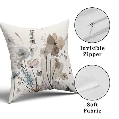 Aportt Watercolor Floral Pillow Covers 18X18 In Brown Cream Grey Teal Flower Couch Pillow Cases Rustic Abstract Modern Throw Pillows Set Of 2 Home Decor For Living Room Bedroom Bed Cushion Outdoor #TOP6