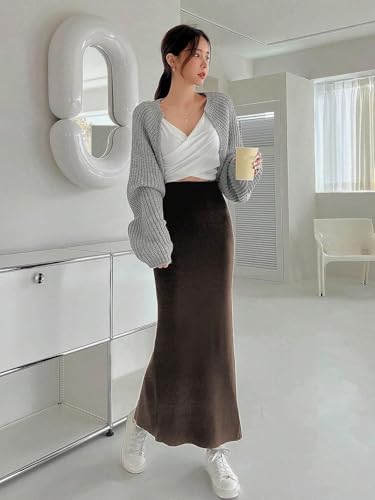 Women Casual Casual Solid Color Hem Knit Skirt Midi Long Skirt3