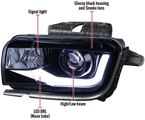 Smoke Lens Black Bezel DRL LED Light Bar Projector Headlights Made For and Compatible With Camaro 2010-2013
