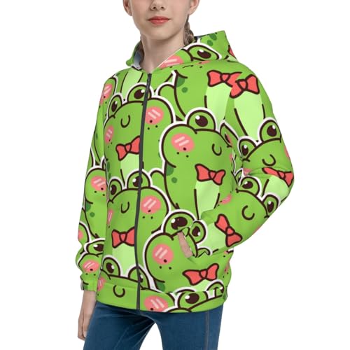 Cute Green Frog Kids Pullover Hoodies Boys Zip Up Sweatshirts Girls Athletic Clothes with Pocket