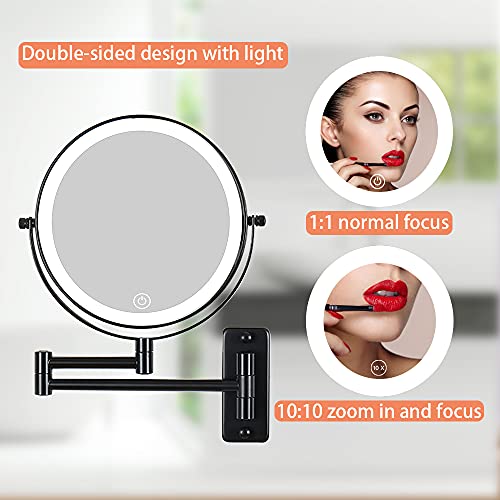 Wall Mounted Lighted Makeup Mirror, 1X/10X Magnifying Mirror With Lights 8 Inch Vanity Mirror, 360° Extendable Arm Lighted Makeup Mirror Touch Button Adjustable Light, Suitable For Bedroom, Black #TOP2