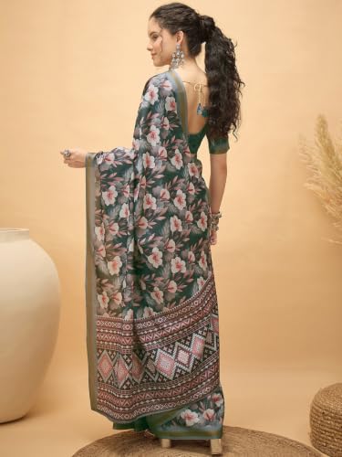 Image of Satrani Women's Floral Printed Silk Saree with Unstitched Blouse