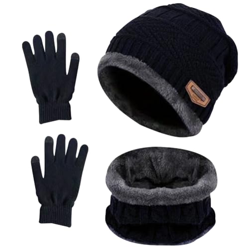 ZesGlyxyr Conjunto Gorro Bufanda Guantes Hombre Mujer, 3 en 1 Tejer Lana Polar Calentador Cuello Capa Pantalla Táctil Mitones Suave Invierno Disfraz (Azul Marino)