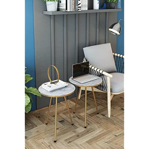 SUNRISE HOME DECOR Set of 2 END Tables Marble Look Wood Round Sofa Nesting Side Table for Small Spaces, Nightstand Bedside NO-Tools Assembly (White Marble/Gold) Cover