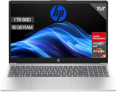 HP Laptop 39,6 cm (15,6 Zoll) FHD (AMD Ryzen 5-7520U, 16 GB RAM, 1 TB SSD, AMD Radeon Graphics, ohne Betriebssystem), Silber und Blau… – Ansicht 1