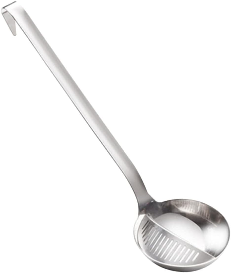 PRETYZOOM Stainless Steel Soup Ladle Fat Oil Separator with Strainer 12.40 in Deep Filtering Spoon for Hot Pot Broth Fried Foods Wonton Kitchen Serving