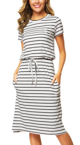 Image of Simier Fariry Womens Summer Hide Belly Knee Length Travel Dress Pocket Short Sleeve Midi Work Casual Outfits