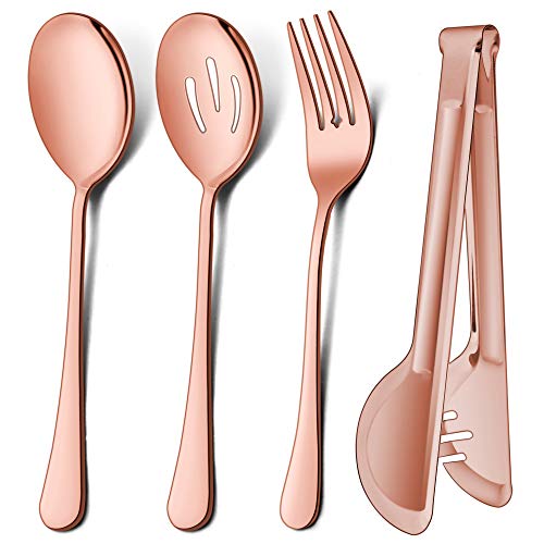 LIANYU 3 Large Copper Serving Spoons 3 Copper Slotted Serving Spoons 3 Copper Serving Forks 3 Copper Serving Tongs 98 Inch Stainless Steel Buffet Catering Serving Spoon Fork Set Dishwasher Safe