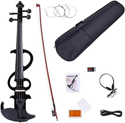 Electric Violin, MIRIO Black Full Size 4/4 Vintage Solid Wood Metallic Electric/Silent Violin with Ebony Fittings for Beginner Student