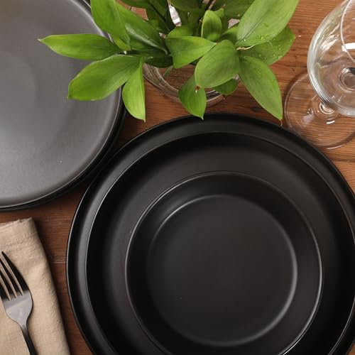 Image of Gibson Elite Bayou Moon Plates and Bowls Sets, 16-Piece Black Matte Stoneware Dinnerware Sets, Solid Color Reactive Glaze Dish Set