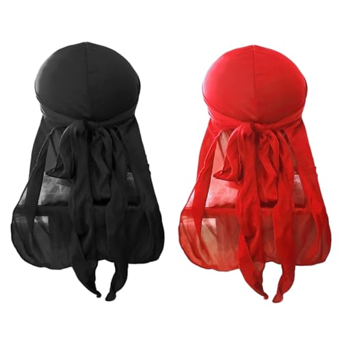Cabeza de Ondas Bandanas Anchas de Larga Turbante de Pelo Pirata Ancho Correas Hombres Mujeres Transpirable Durag Sombrero Turbante Bandana Durag Cabeza Tocado de Baile Hip Hop 2 Piezas, Negro y Rojo