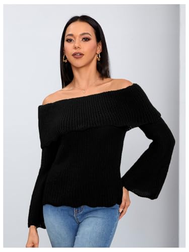 MakeMeChic Women's Y2K Off The Shoulder Sweater Bell Sleeve Tops Fall Pullover Sweaters Lightweight4