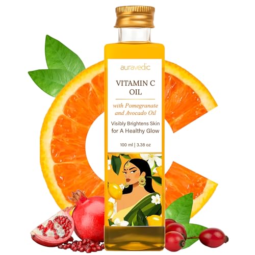 Auravedic Vitamin C Face Oil | with Rosehip, Avocado and Vitamin E | Natural & Organic Skin Moisturizer | Ayurvedic Facial Massage Oil for Soft, Smooth Skin | 3.38 Fl Oz (100ml)