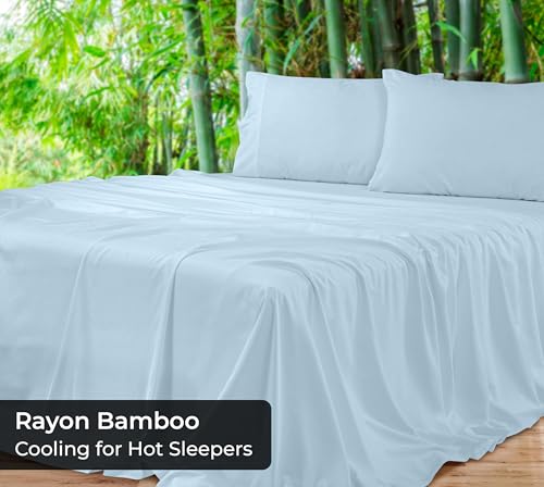 Image of Royale Linens Bamboo Viscose Twin Flat Sheets Only - Cooling Sheets - Organic Viscose Derived from Bamboo - Flat Sheet Only - Top Sheet - Breathable & Silky Bedding (Twin, Lake Blue)
