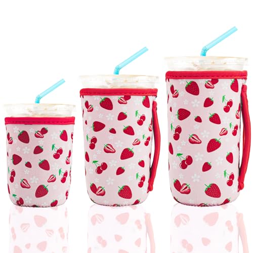 Image of KJQJLY 3 Pack Reusable Iced Coffee Sleeves for Iced Coffee Cups or Drinks Reusable Neoprene Insulated Sleeves for Hot and Cold Drinks from Starbucks, Dunkin, And More (Strawberry)