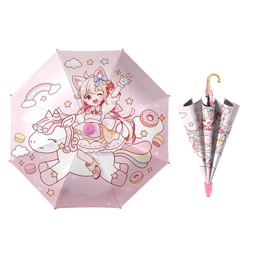 Image of PALAY Kids Unicorn Anime Girl Umbrella with Whistle Handle, 88cm Diameter Cartoon Pink Rain Umbrella for Ages 5-8 Water-Resistant Polyester Canopy, Safe Non-Slip J-Hook Handle Kids Rain Gear