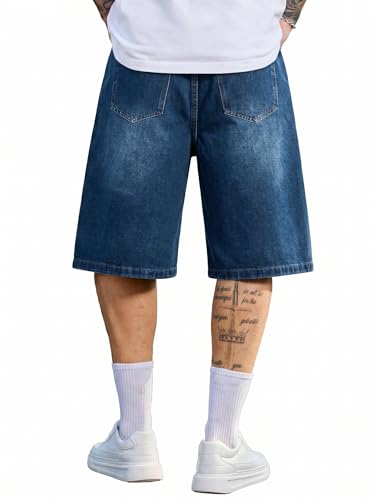 Image of PLEPAN Mens Super Baggy Jean Shorts 12 inch Vintage Loose Fit Wide Leg Long Jorts Y2K Streetwear Below Knee Denim Shorts