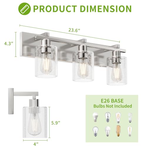 Image of Bathroom Vanity Light, 3 Light Brushed Nickel Bathroom Light Fixture with Thickened Seeded Glass Shade, 24 inch Modern Vanity Lights, Bathrooms Lights Fixture Over Mirror