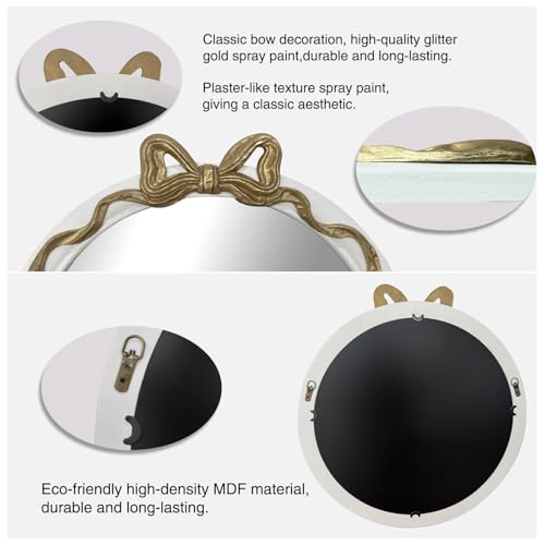 Image of 28x28 inch Gold and White Bow Mirrors for Wall, Round /Circle God Decorative Wall Mounted Mirror, Irregular Mirrors Suitable for Bedroom, Hallway, Living Room Decoration, Nursery, Girls Room