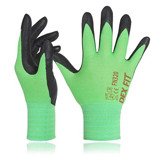 Image of DEX FIT Nitrile Work Gloves FN320, 3D Comfort Stretch Fit, Power Grip, Durable Foam Coated, Thin & Lightweight Premium Nylon, Machine Washable, Green 7 (S) 3 Pairs