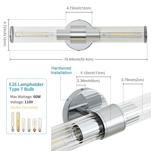 Image of Chrome Bathroom Vanity Light, Wall Sconce Threaded Glass 1 Pack, Modern Wall Light for Bathroom, Living Room, Hallway, Kitchen - UL Certification (Bulb Not Included)
