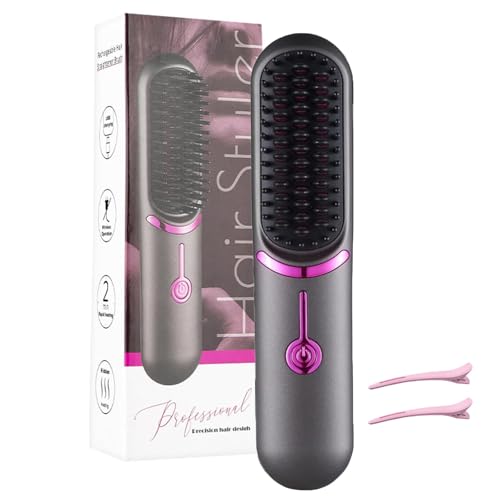 Styluse Hair Brush, Styluse Beauty Hair Brush, Portable Cordless 3-in-1 Hair Straightener & Curler Brush, 3 Djustable Temperature Smoothing & Straightening for All Hair Types (Gray)
