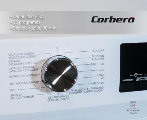 Corberó - Secadora Carga Frontal | CSBCH910W | 9 Kg | Bomba de Calor | Display LED | 15 Programas | Inicio Diferido | Inicio/Pausa y Antiarrugas | Nivel de Secado 65dB | Blanco - imagen 2