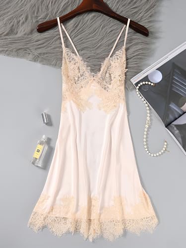 Image of Lilosy Sexy Silk Lace Up Backless Satin Applique Floral Lace Babydoll Lingerie Dress with Tong 2 Piece
