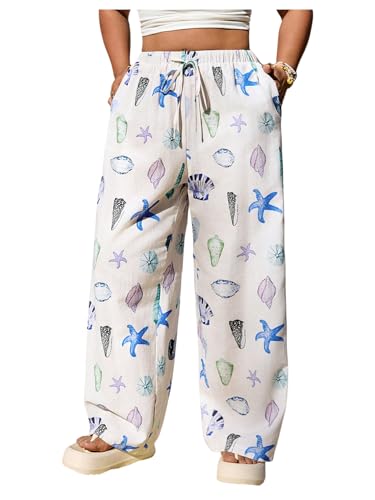 MakeMeChic Women's Boho Plus Size Starfish Wide Leg Pants High Waist Tie Front Drawstring Trousers